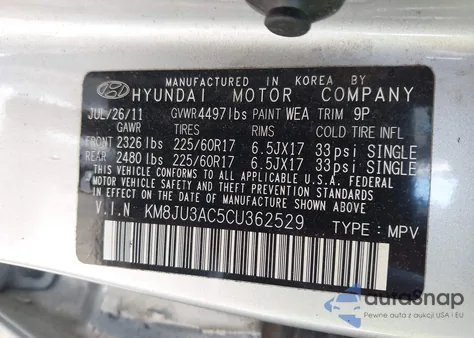 2012 Hyundai Tucson Gls z USA, uszkodzony, nr VIN KM8JU3AC5CU362529